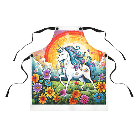 Colorful unicorn apron design with a vibrant horse, floral meadow, butterflies, and rainbow background