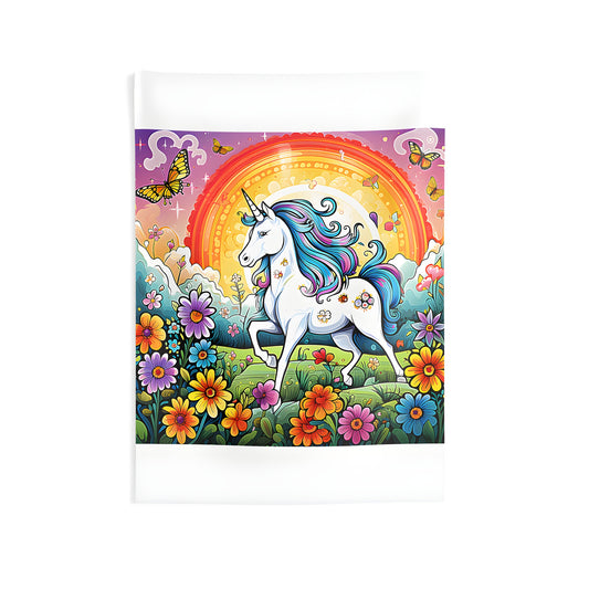 Colorful Indoor Wall Hanging Tapestry featuring a majestic Mythalic horse with a rainbow mane posing in a lush flower meadow surrounded by delicate butterflies and a vibrant rainbow in the background.