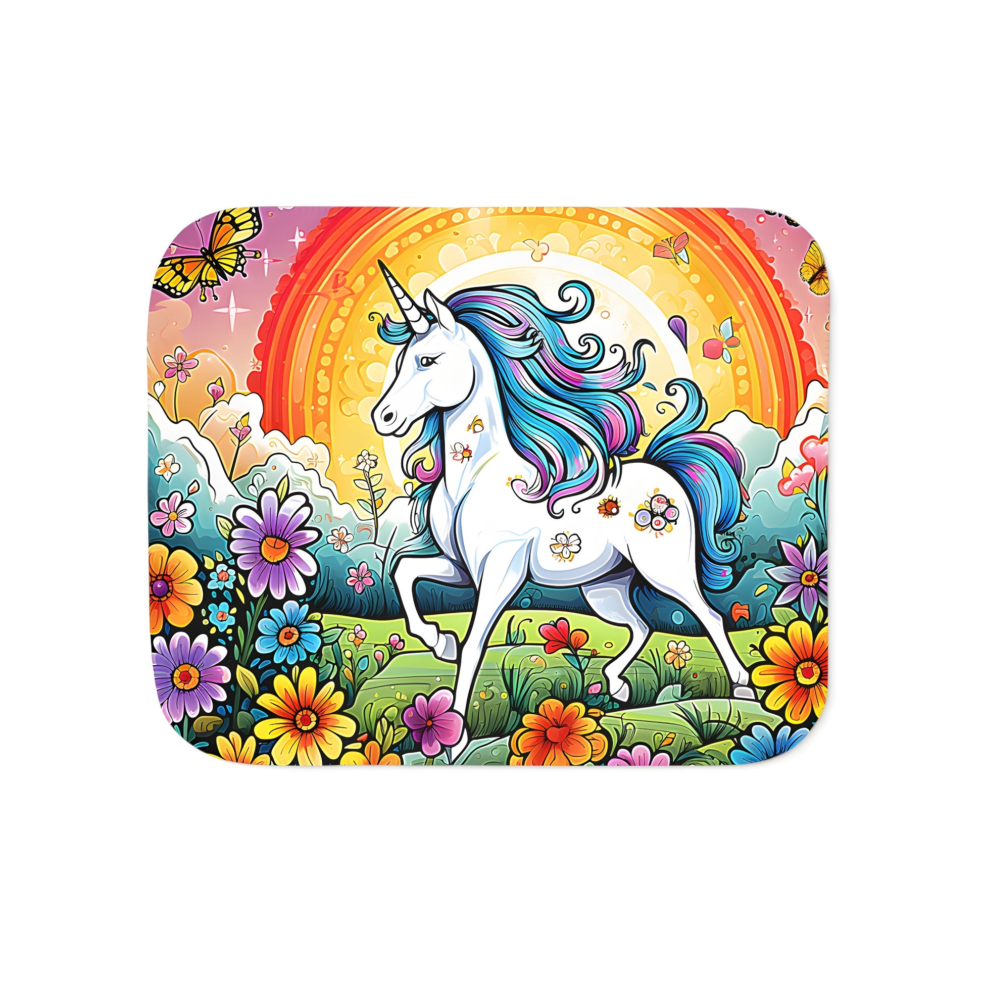 Colorful blanket featuring a vibrant equine figurine, often referred to as a horse or pony, with a rainbow-colored mane and tail in a whimsical meadow setting surrounded by butterflies and a radiant rainbow in the background.