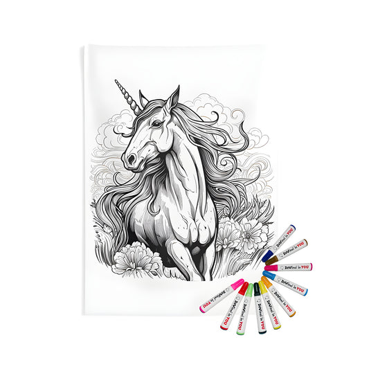 Colorful indoor wall tapestry featuring an intricate unicorn illustration with flowing mane and surrounded by flowers and clouds.