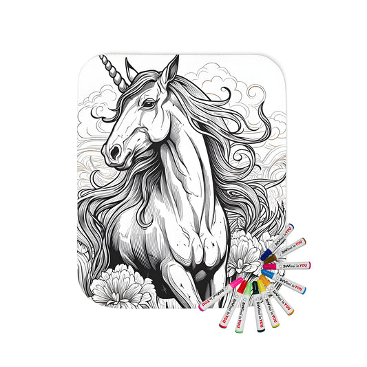 Cozy blanket featuring an enchanted horse design with detailed illustrations of flowers, clouds, and a flowing mane