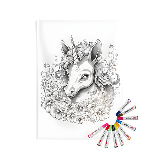 Indoor wall tapestry featuring a unicorn illustration with flowers, perfect for home decor