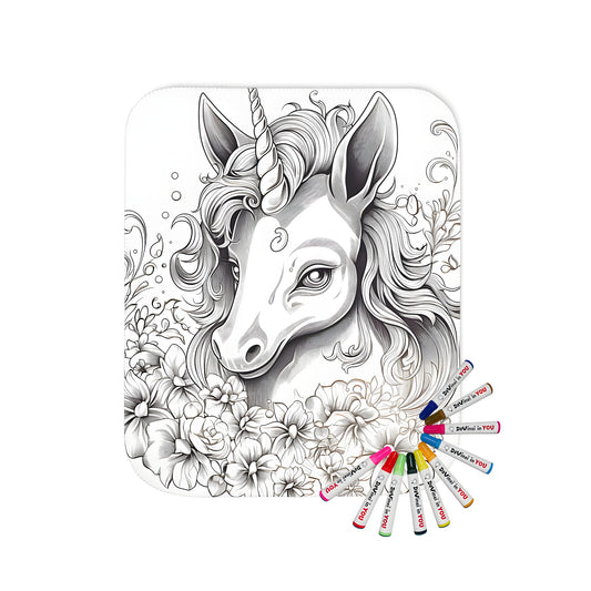 Blanket with unicorn and flower coloring page design