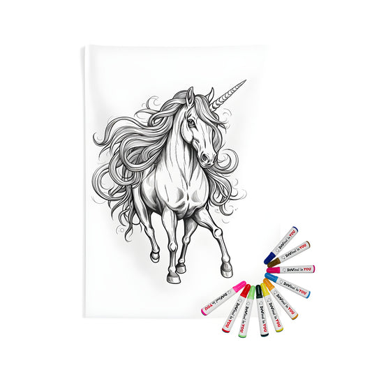 Majestic unicorn, mythical horse, equine illustration wall hanging