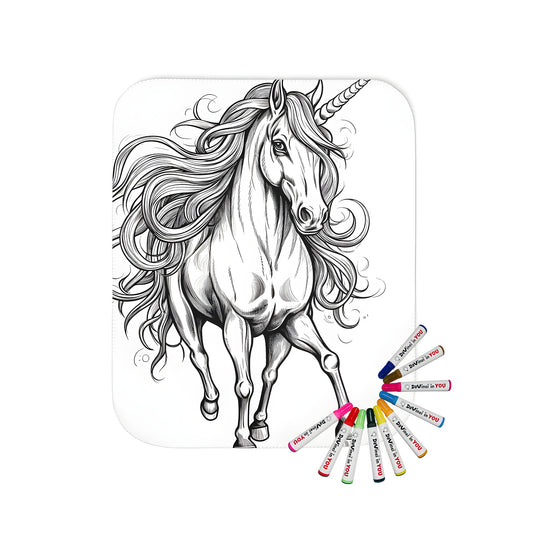 Colorful blanket featuring a whimsical black and white unicorn illustration design with a majestic unicorn, magical horse, mythical steed, or equine design