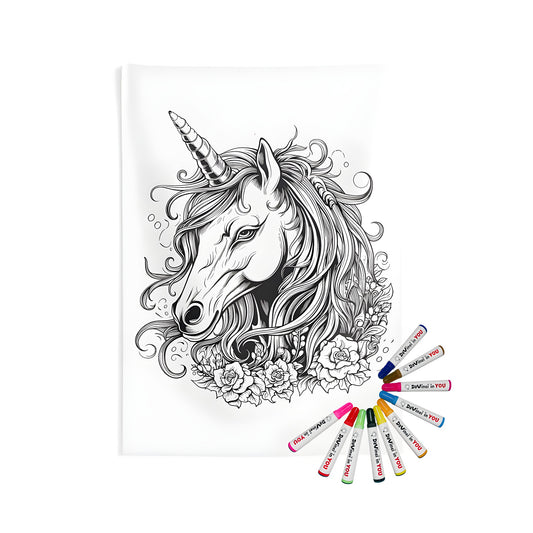 Indoor wall tapestry design featuring a unicorn's head with flowing mane and floral details