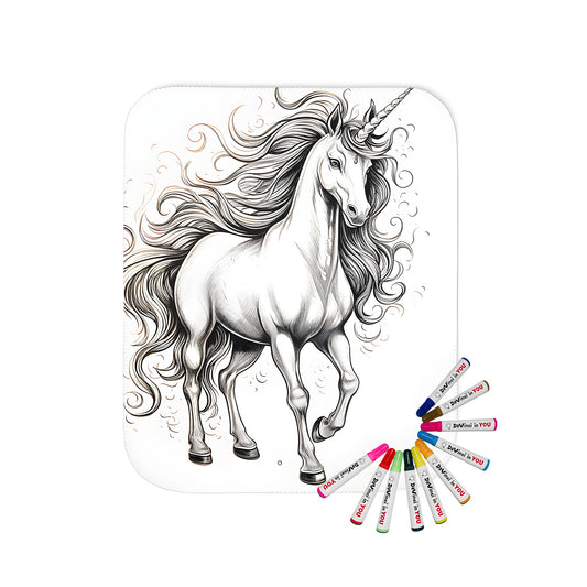 Blanket with magical horse design, beautiful mystical unicorn illustration on soft fabric