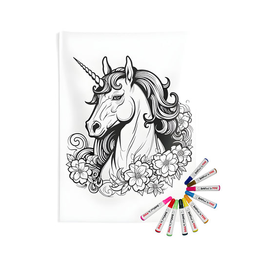 Vibrant indoor wall tapestry featuring a detailed black and white unicorn illustration with flowing mane adorned with flowers, perfect for coloring with our set of 10 fabric markers.