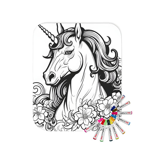 Detailed black and white illustration blanket with a magical unicorn design featuring a flowing mane and flowers