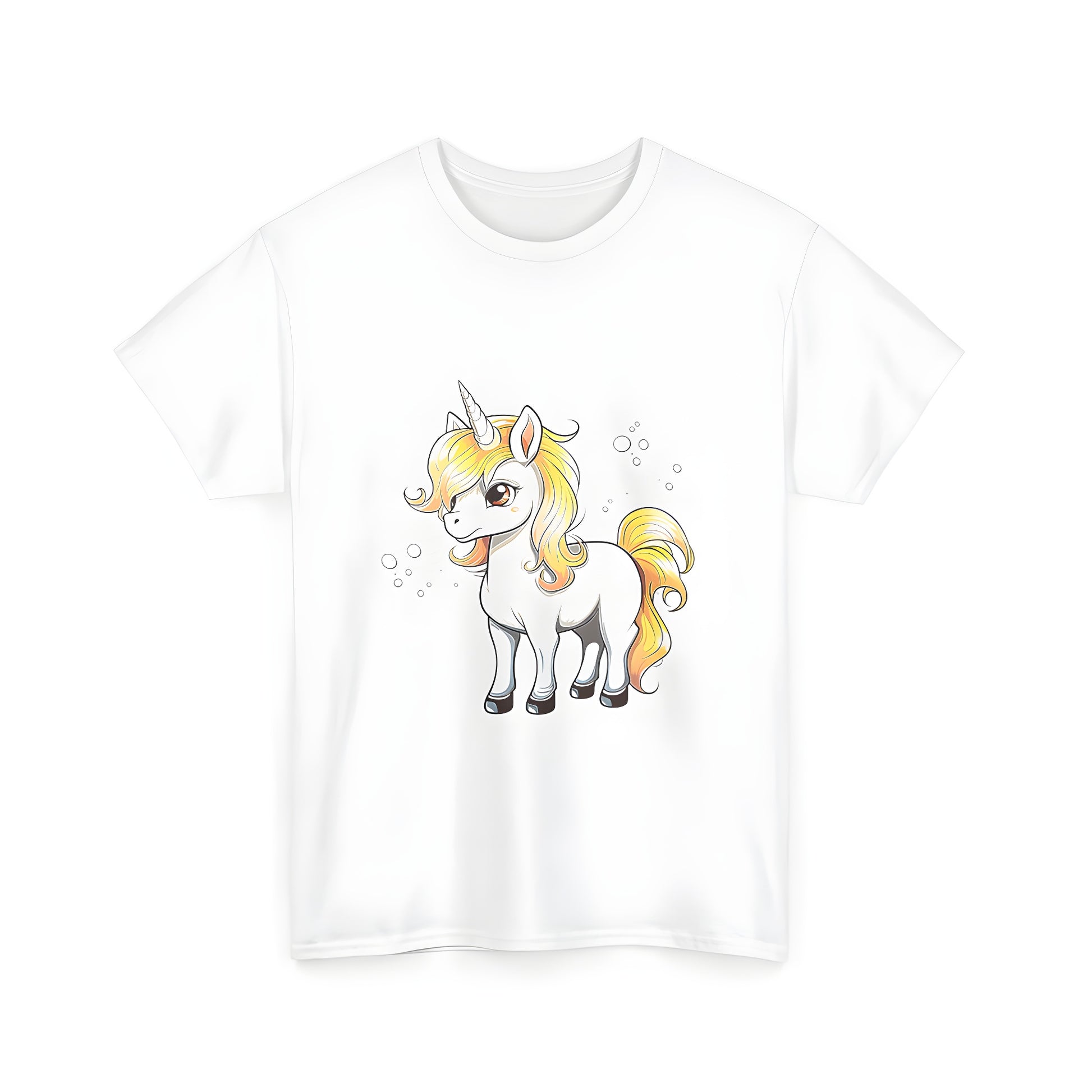 Colorful unisex t-shirt featuring a vibrant cartoon horse mythical creature (also known as a unicorn) with yellow mane and horn surrounded by colorful bubbles