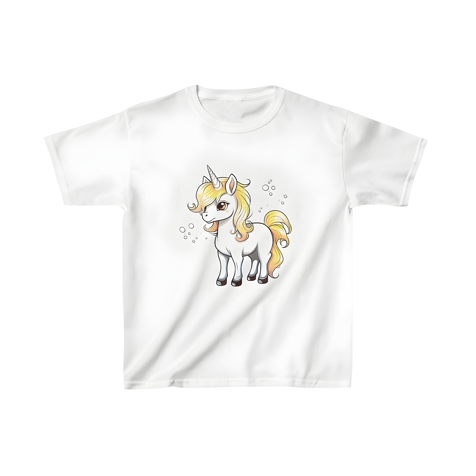 Colorful kid's t-shirt featuring a vibrant cartoon horse or pony with a yellow mane and horn surrounded by colorful bubbles