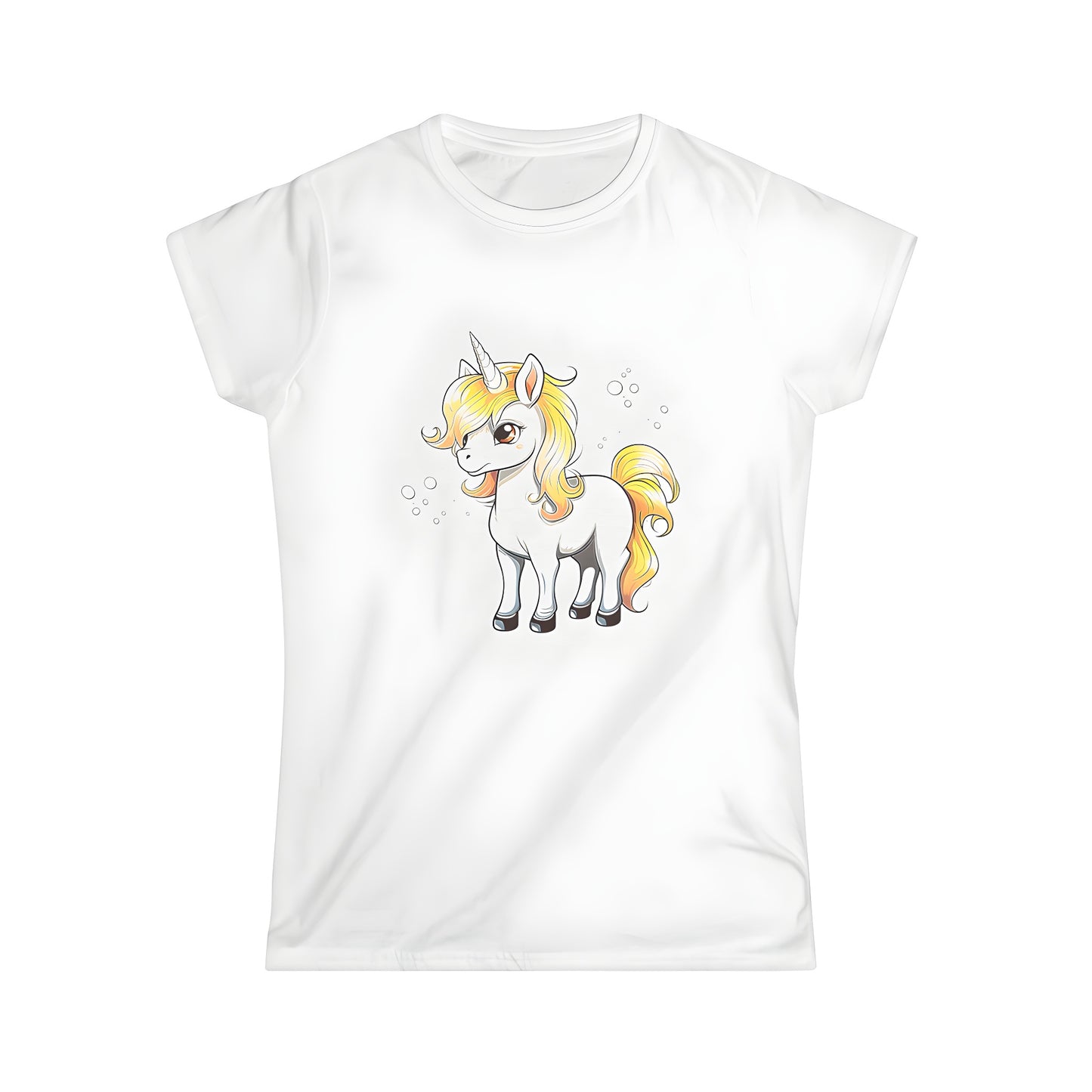 Women's t-shirt with colorful unicorn design, featuring a vibrant cartoon horse-like mythical creature with yellow mane and horn surrounded by bubbles