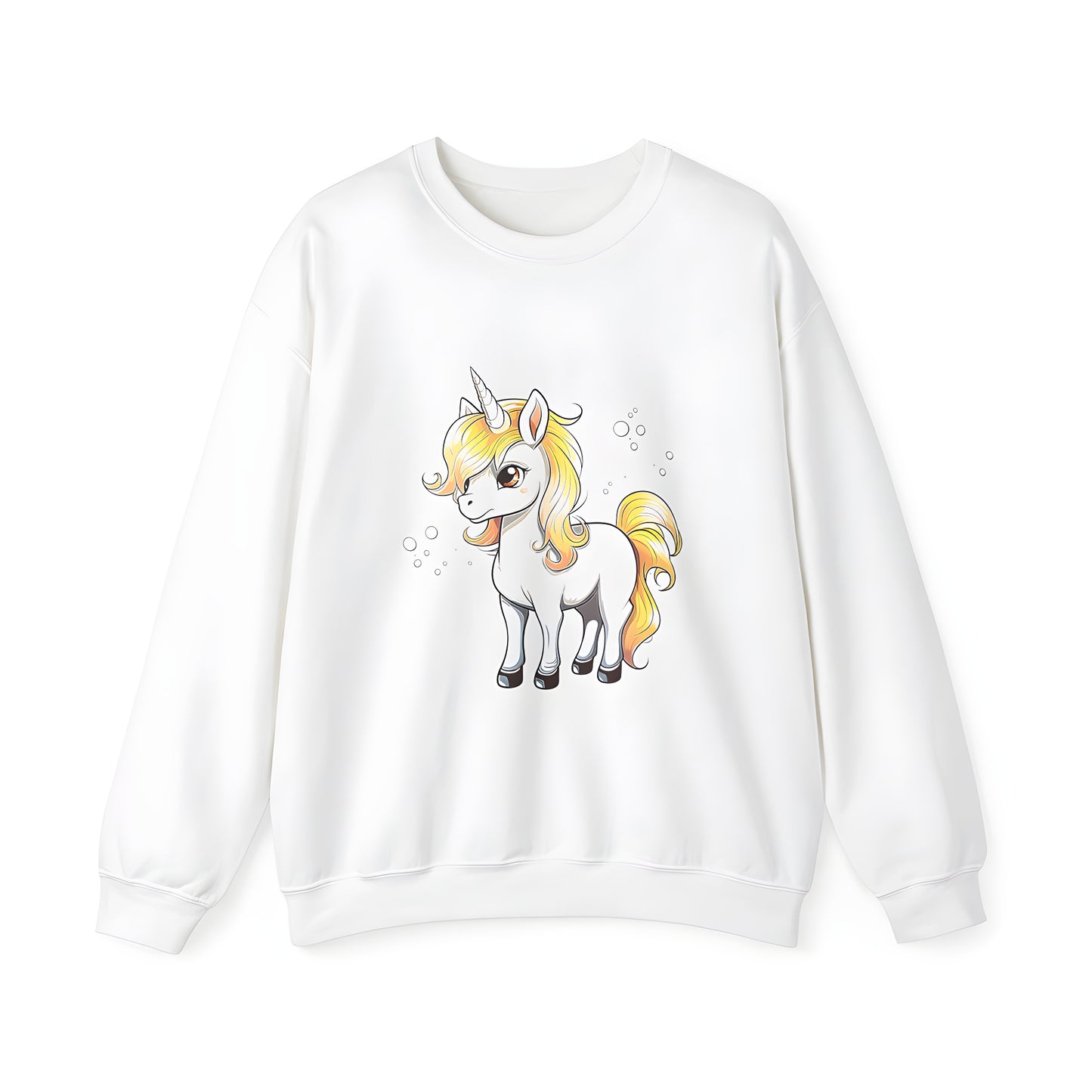 Adult sweatshirt featuring a vibrant cartoon magic horse design with a yellow mane and horn surrounded by colorful bubbles