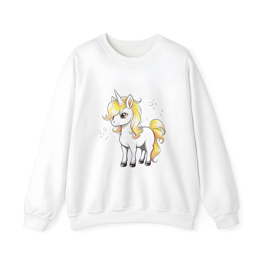 Adult sweatshirt featuring a vibrant cartoon magic horse design with a yellow mane and horn surrounded by colorful bubbles