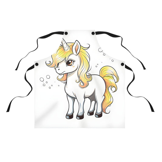 Colorful apron featuring a playful unicorn design with a vibrant cartoon horse with a yellow mane and horn surrounded by whimsical bubbles