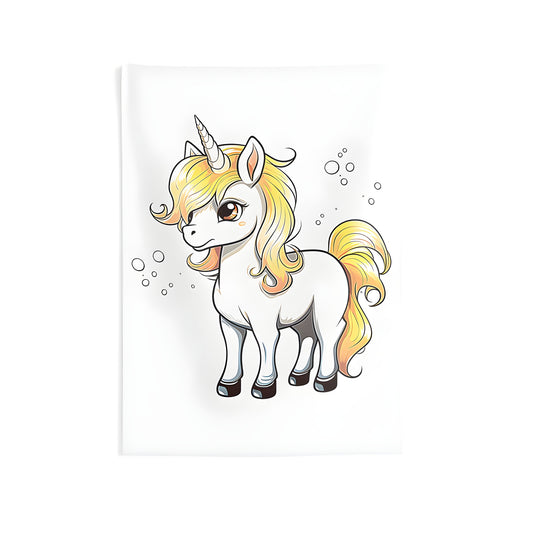 Colorful indoor wall tapestry featuring a cartoon unicorn design with yellow mane and horn surrounded by bubbles.