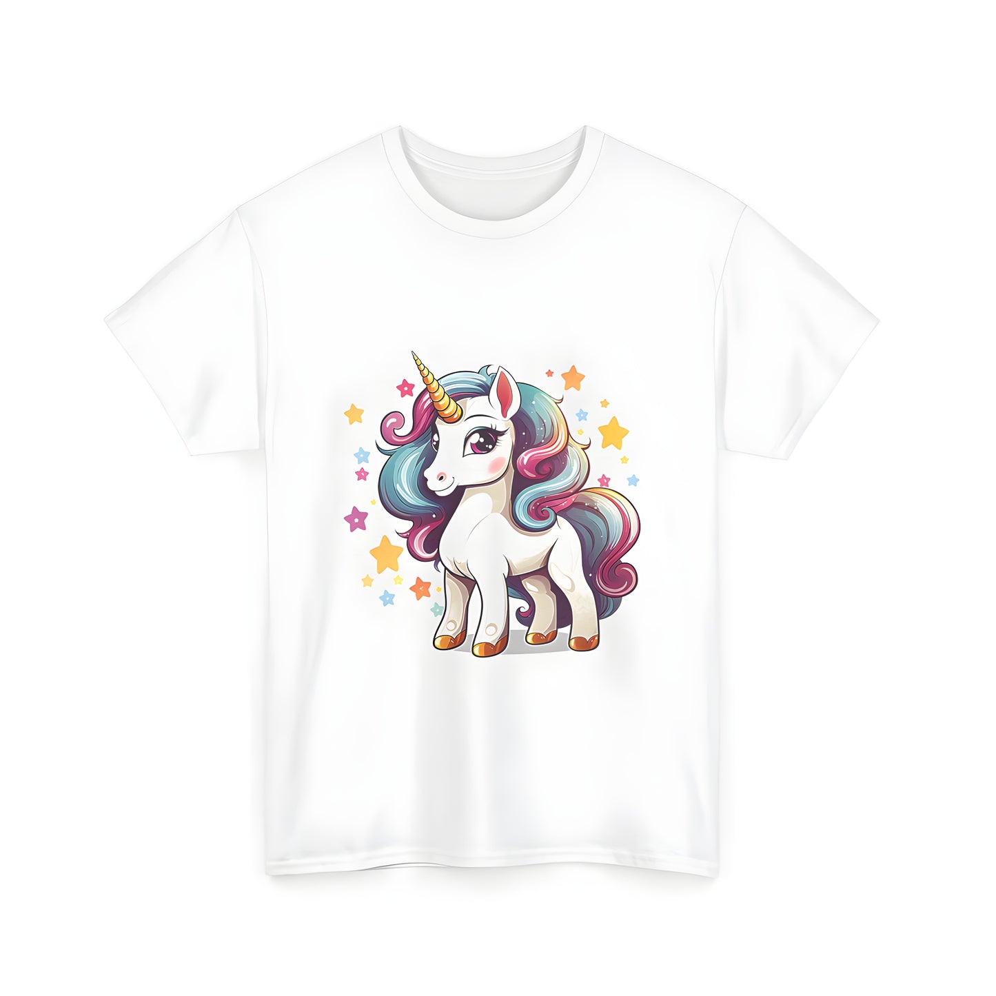 Vibrant unicorn apparel for women and men, featuring a happy unicorn with rainbow mane and golden horn, surrounded by colorful stars on a white t-shirt.