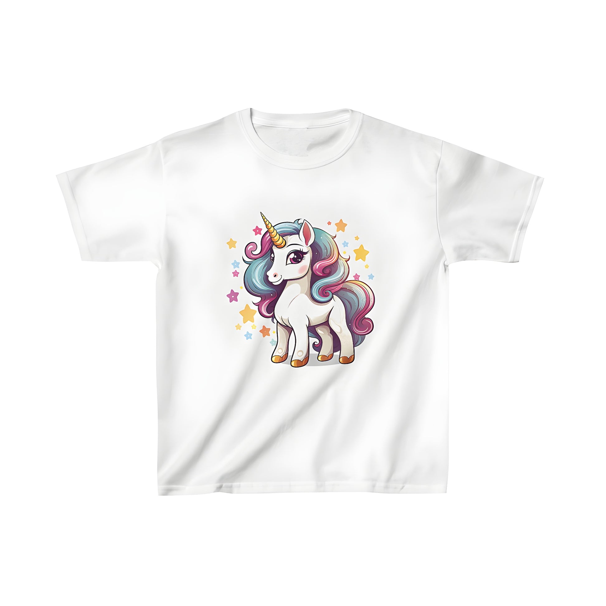 Magical kid's t-shirt featuring a vibrant unicorn with rainbow mane and golden horn, surrounded by twinkling stars on a crisp white background.