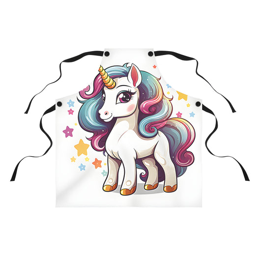 Cheerful unicorn apron with rainbow mane and golden horn, surrounded by colorful stars on a white background.