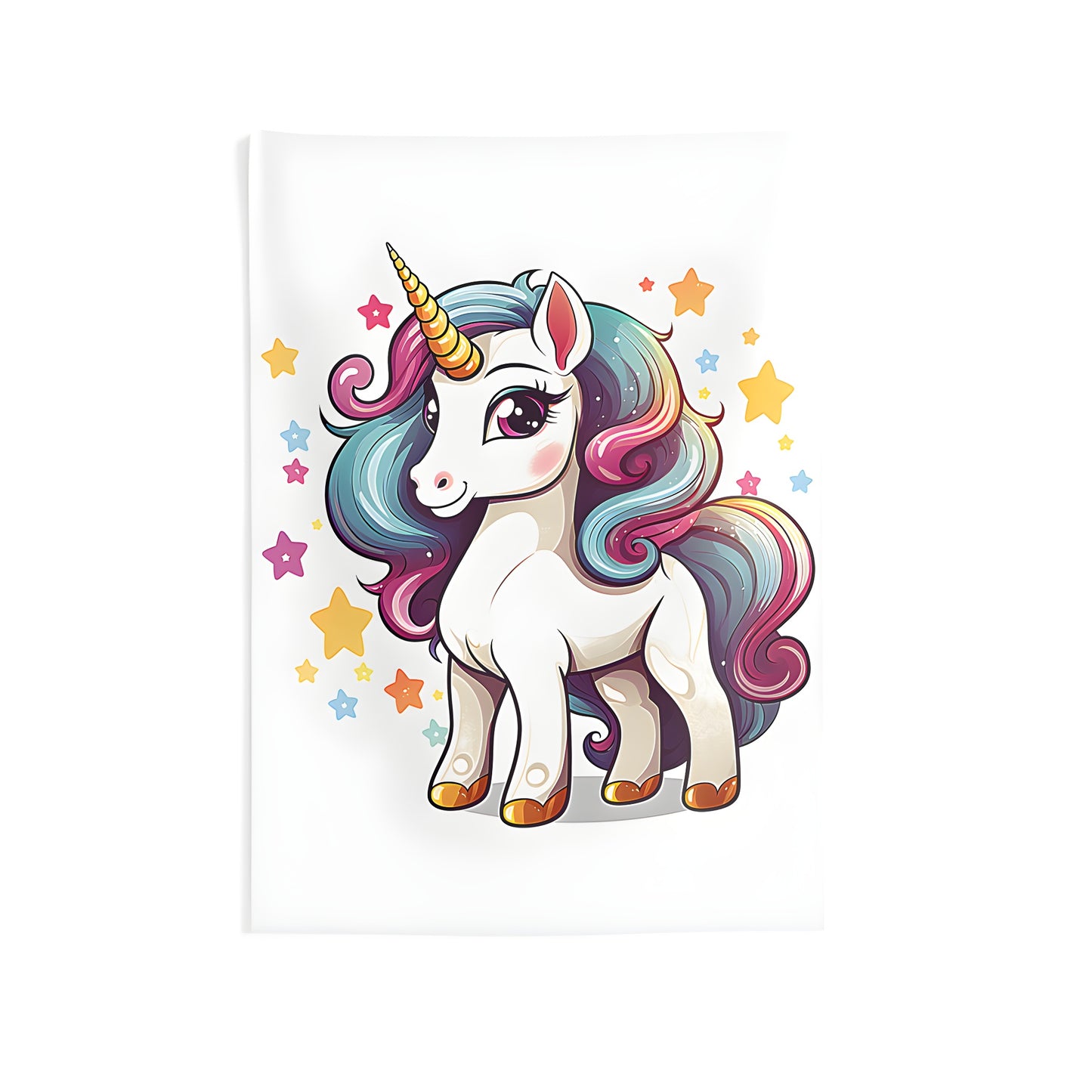 Vibrant unicorn wall tapestry with rainbow mane and golden horn, surrounded by colorful stars on a white background.