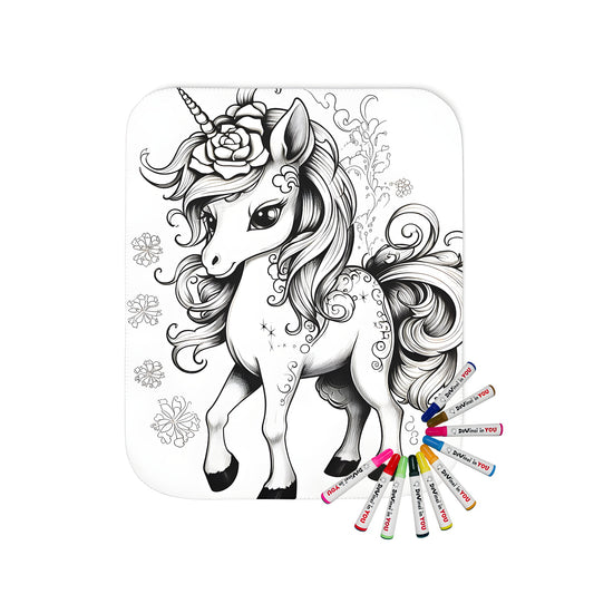 Coloring blanket featuring an enchanting magical unicorn with vibrant flowers and intricate details