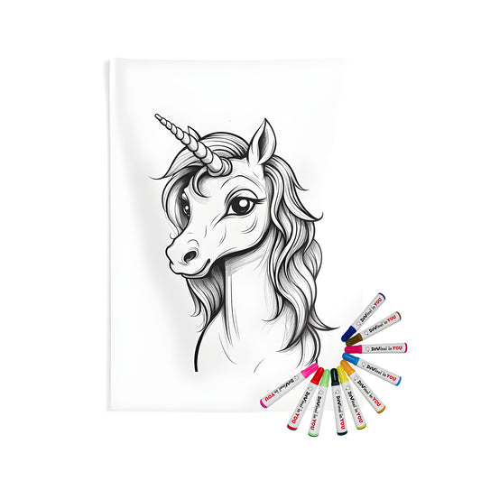 Beautiful Indoor Wall Tapestry featuring a black and white unicorn illustration with flowing mane and prominent horn, perfect for coloring. Includes fabric markers for a fun and creative activity.