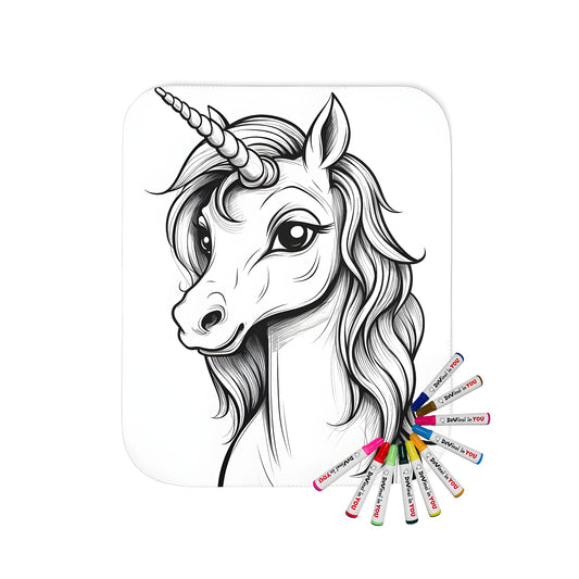 Blanket featuring a whimsical black and white horse/mythical creature/unicorn illustration with flowing mane and prominent horn, perfect for coloring