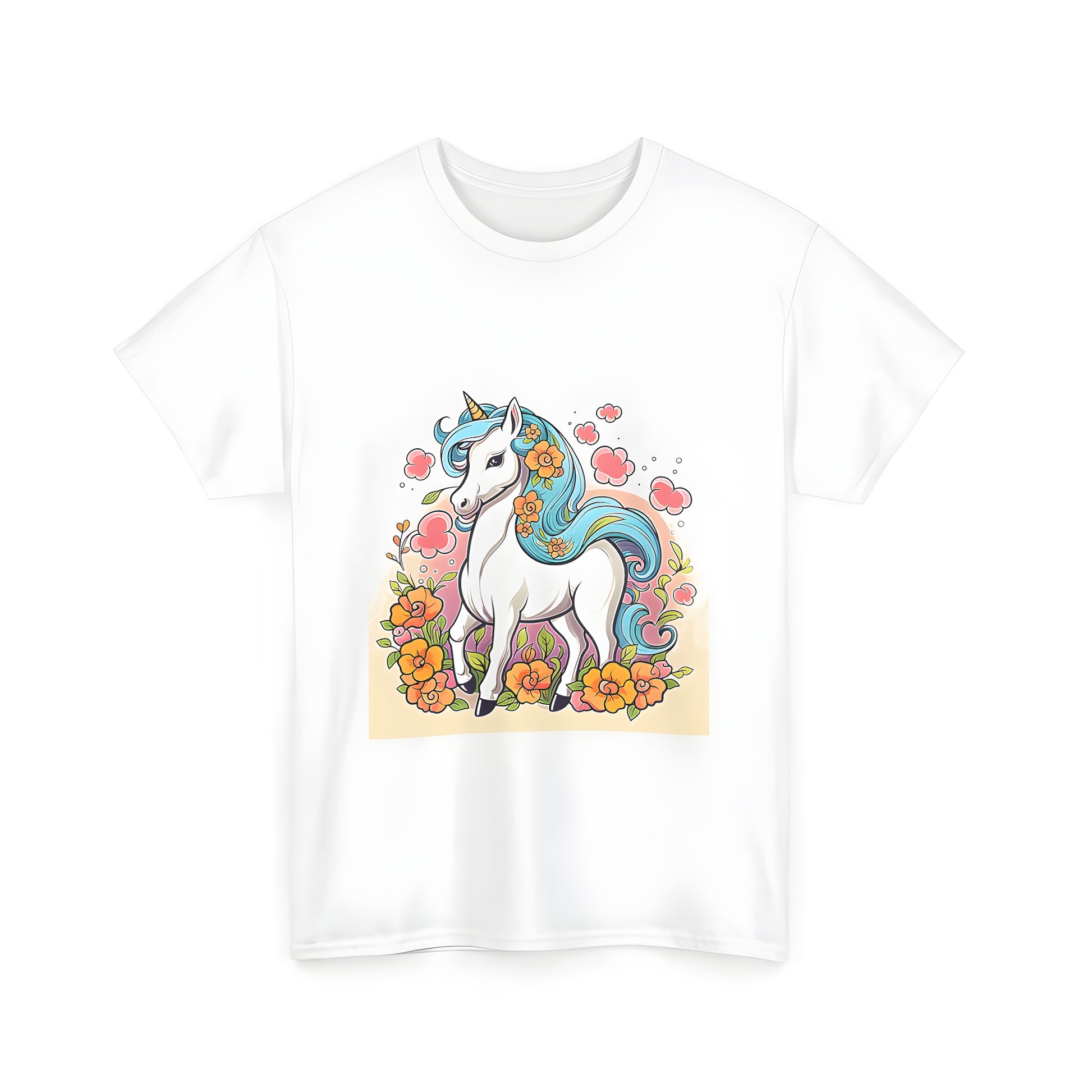 Colorful unicorn illustration t shirt with floral elements and unisex fit