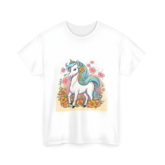 Colorful unicorn illustration t shirt with floral elements and unisex fit