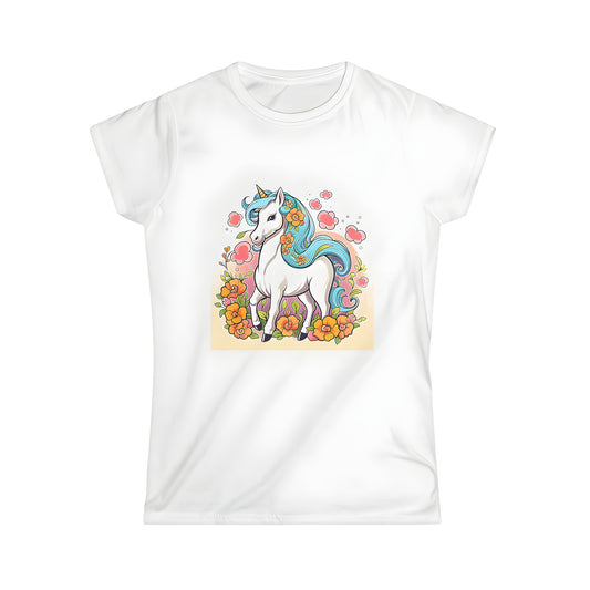 Women's colorful unicorn t-shirt with vibrant floral design on a soft shirt