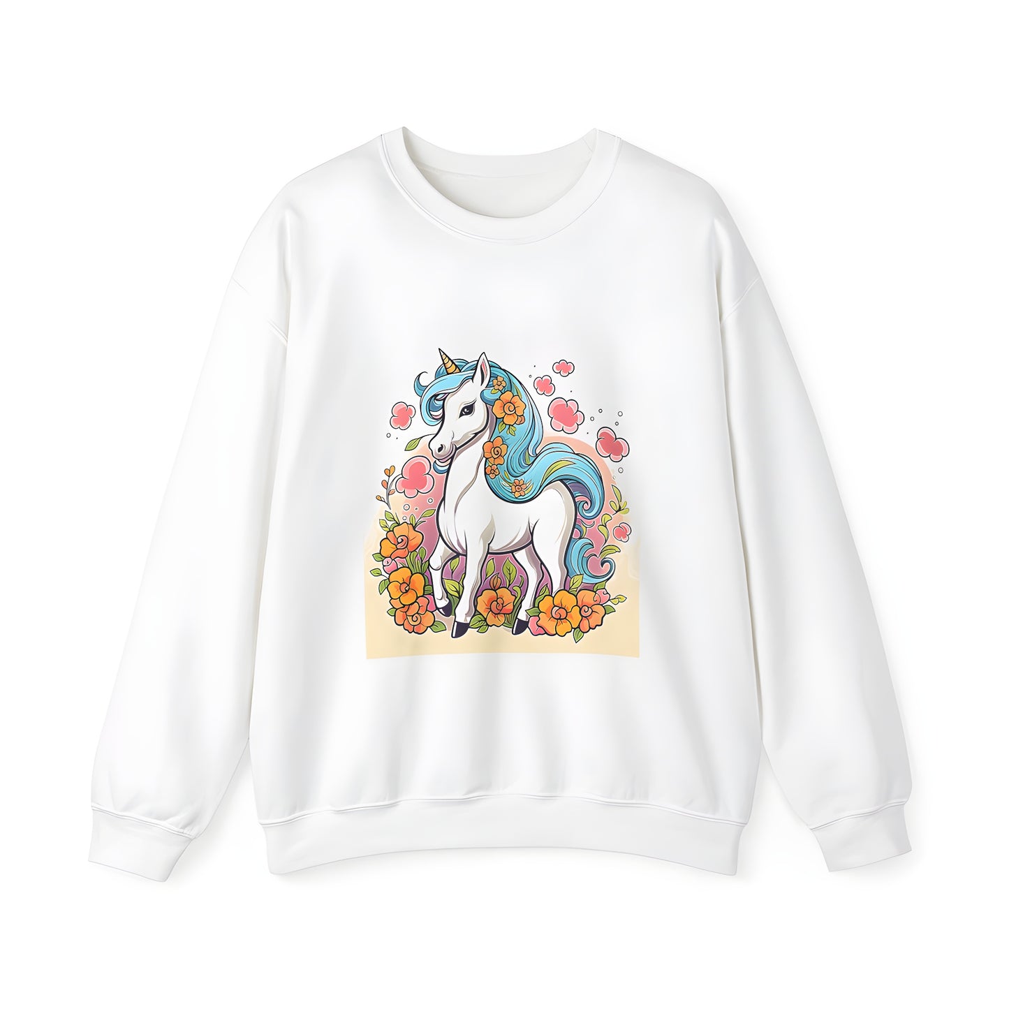 Adult Sweatshirts with Vibrant Unicorn Design, Blue Hair with Floral Patterns, Set against Blossoms and Leaves Background