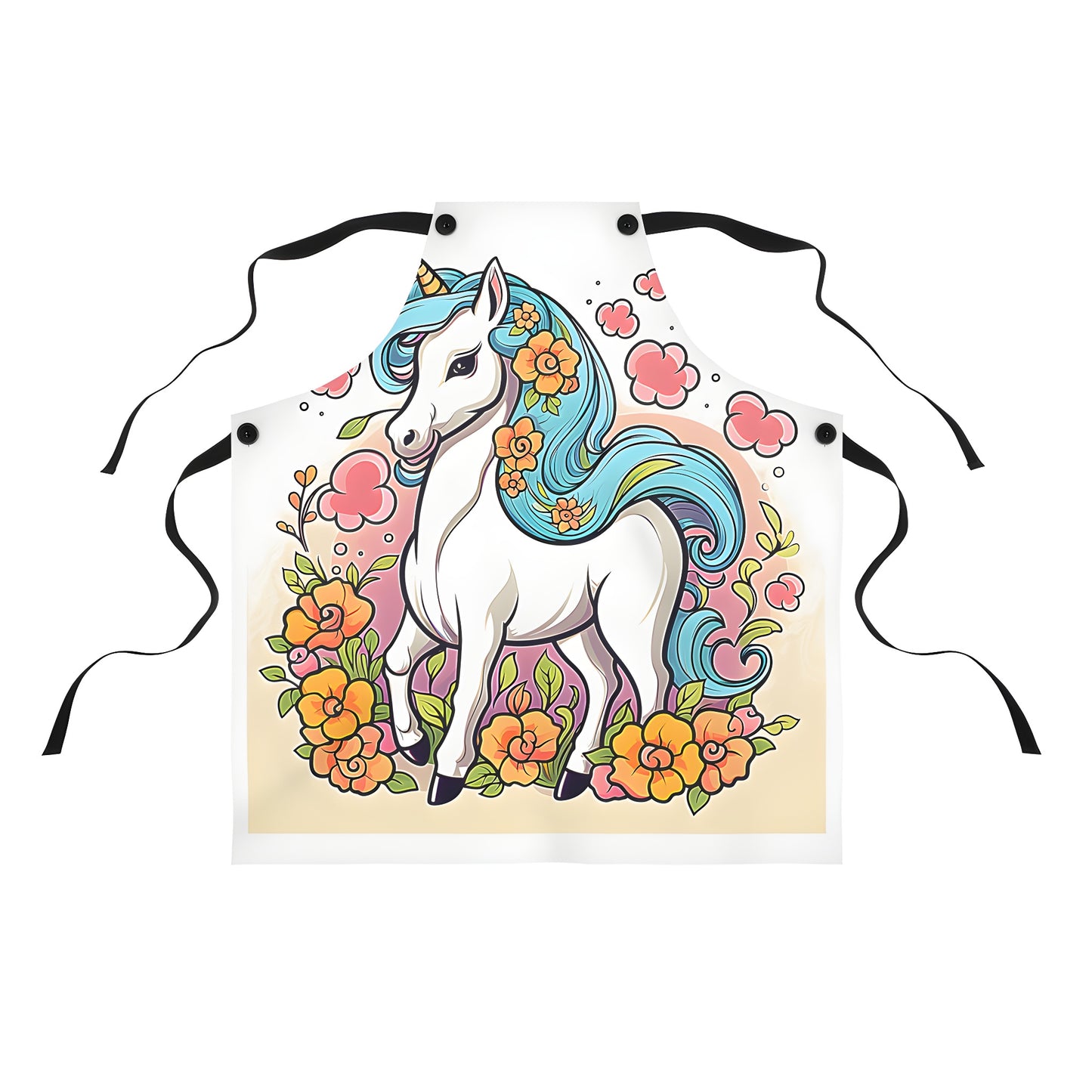 Vibrant unicorn apron with colorful floral design on a blue-haired unicorn against blossoms and leaves