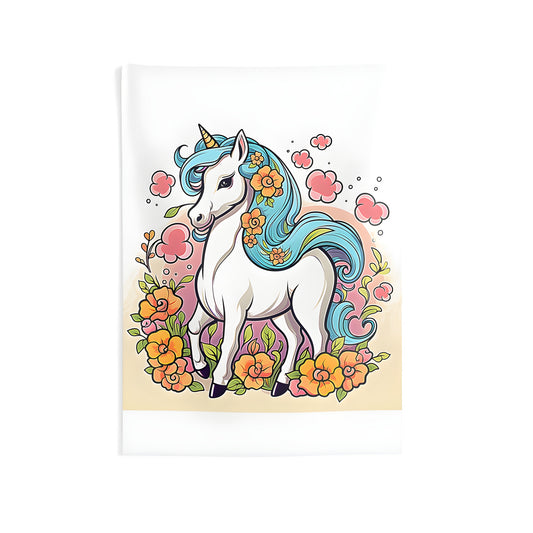 Vibrant unicorn tapestry for home decor with colorful illustration of blue hair adorned with flowers and blossoms