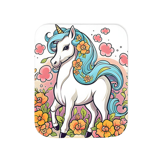 Vibrant unicorn blanket with blue hair, adorned with flowers and blossoms on a colorful background