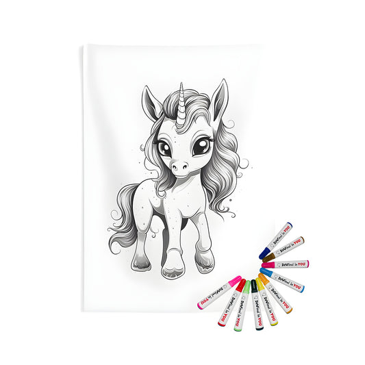 Coloring Kit for Indoor Wall Hanging, Unicorn Illustration, Fantasy Style, Fabric Markers Included