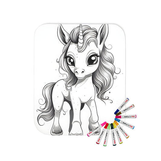 Coloring blanket featuring adorable baby unicorn illustration with intricate details