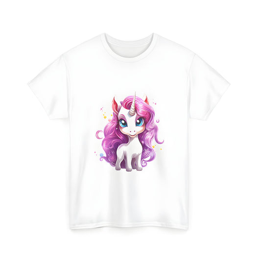 Colorful Unisex T-shirt with whimsical unicorn design featuring large blue eyes and flowy pink hair against a white background