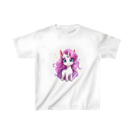 Colorful kid's t-shirt with cute unicorn design featuring pink hair and sparkles