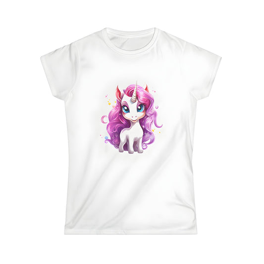 Colorful women's t-shirt featuring a magical unicorn design with flowy pink hair and sparkles