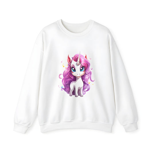 Adult sweatshirt featuring a whimsical unicorn design with pink hair and blue eyes, against a white background with colorful sparkles.