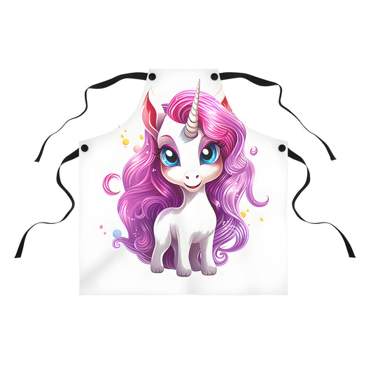 A colorful apron featuring a whimsical unicorn design with flowy pink hair and sparkles on a white background.