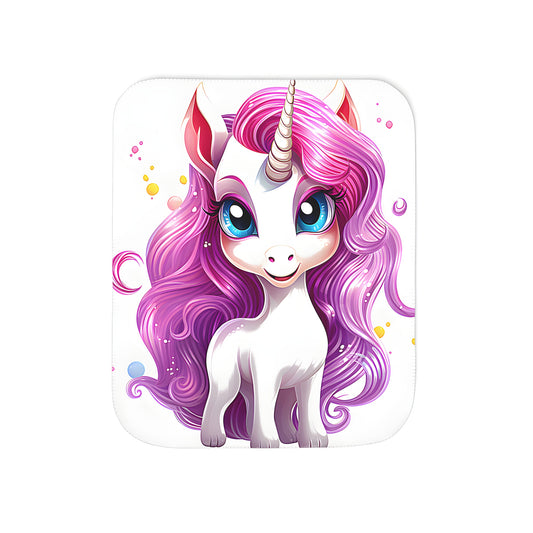 Colorful unicorn blanket with pink hair and blue eyes