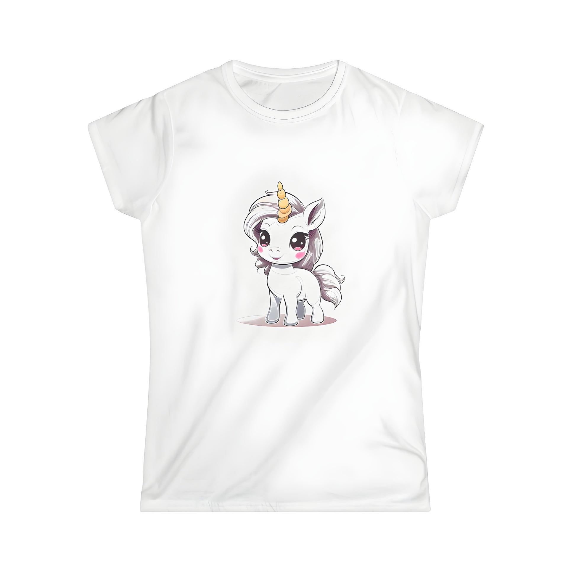 Colorful Women's t-shirt featuring a cute baby unicorn design with golden horn, big eyes and rosy cheeks on front.