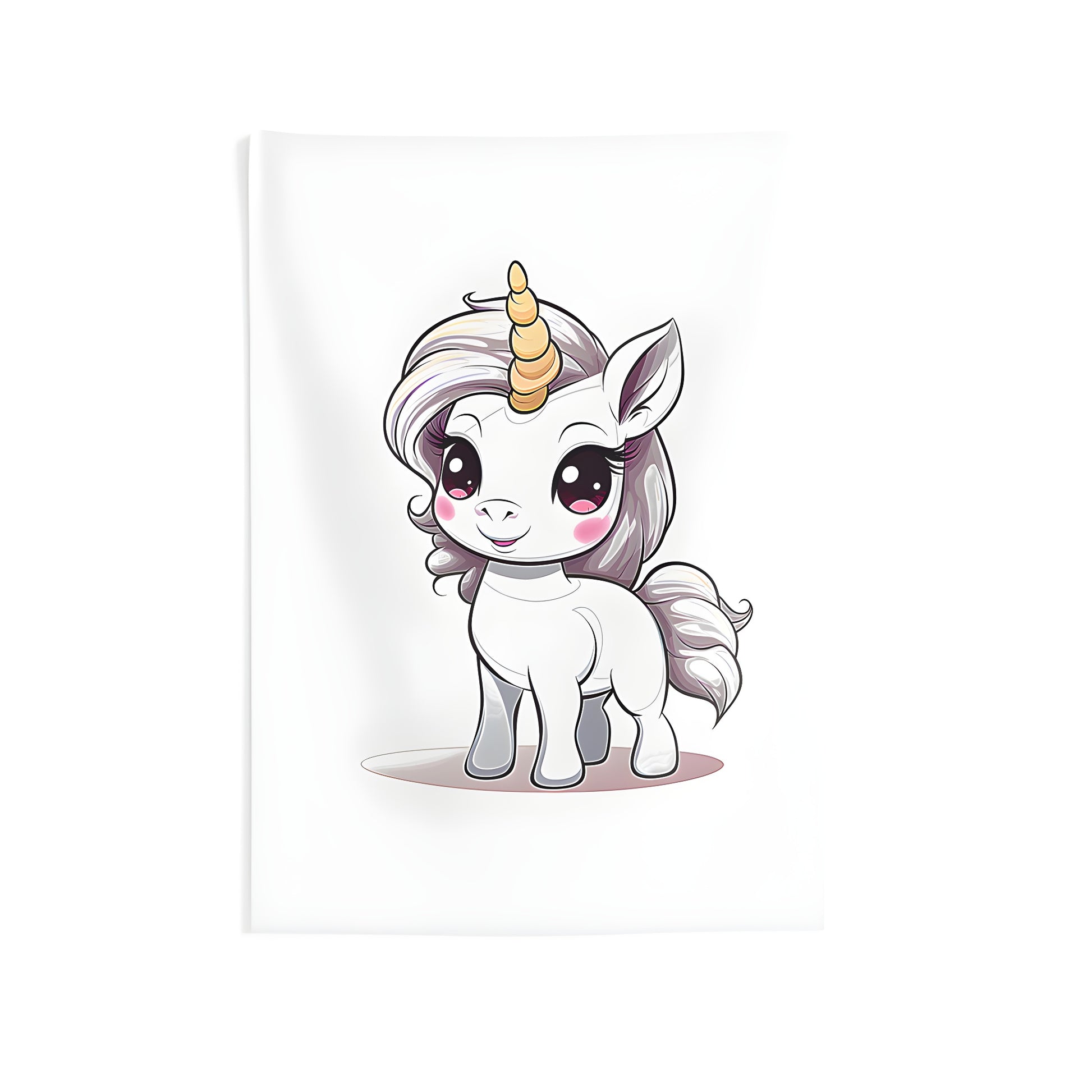 Indoor Wall Tapestry featuring a colorful cute baby unicorn with golden horn and rosy cheeks hanging decor