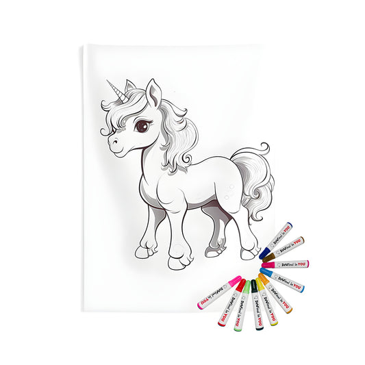 A beautifully designed indoor wall tapestry featuring a detailed black and white illustration of a cute mythical horse, often referred to as a unicorn, with a flowing mane and tail.