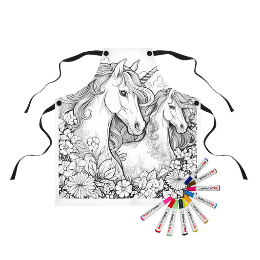 Coloring apron featuring whimsical unicorns amidst a garden of flowers and fluffy clouds