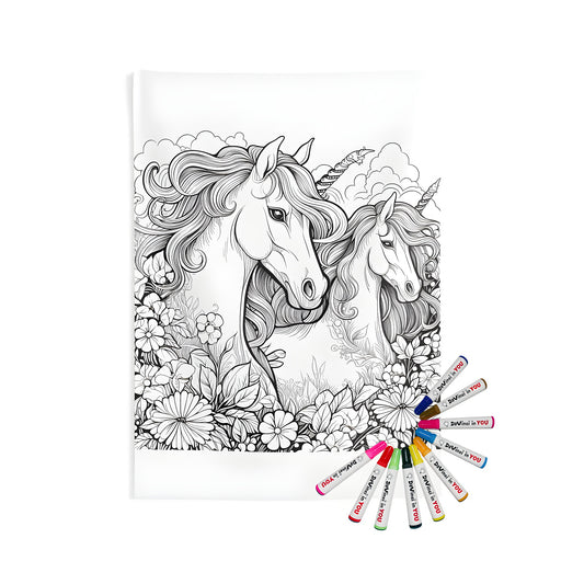 Coloring page-inspired indoor wall tapestries featuring majestic unicorns amidst blooming flowers and fluffy clouds