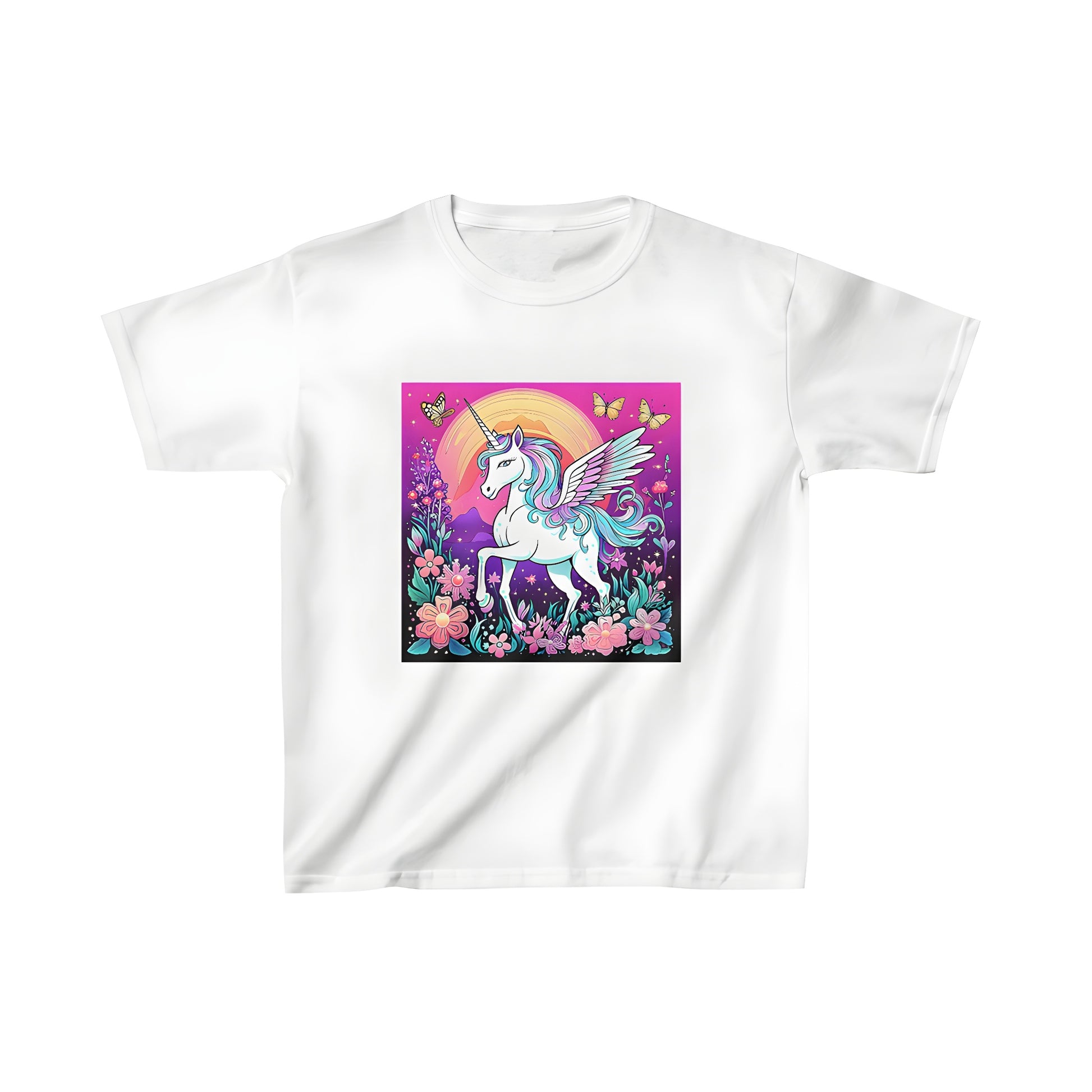 A colorful kid's t-shirt featuring a whimsical unicorn in nature, surrounded by vibrant flowers and butterflies under a rainbow sky.