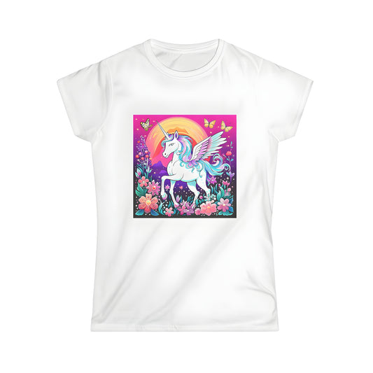 Women's t-shirt featuring a whimsical unicorn illustration in a garden setting, surrounded by butterflies and flowers under a colorful rainbow sky.