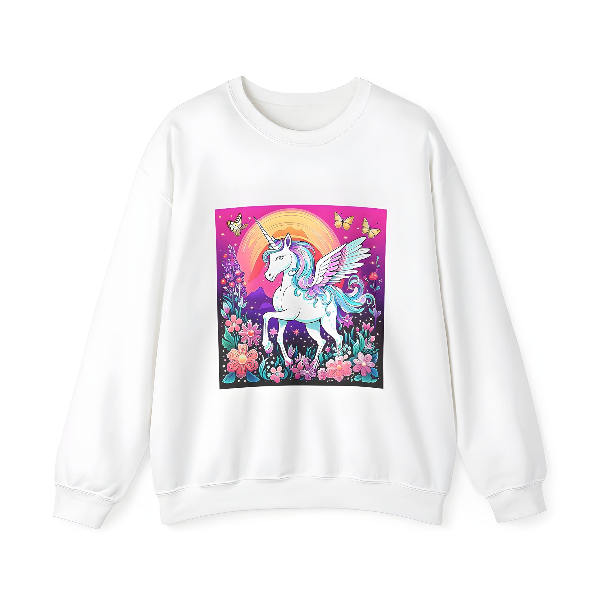 Adult sweatshirt featuring whimsical unicorn design with colorful mane and wings standing amidst vibrant flowers and butterflies under a rainbow sky